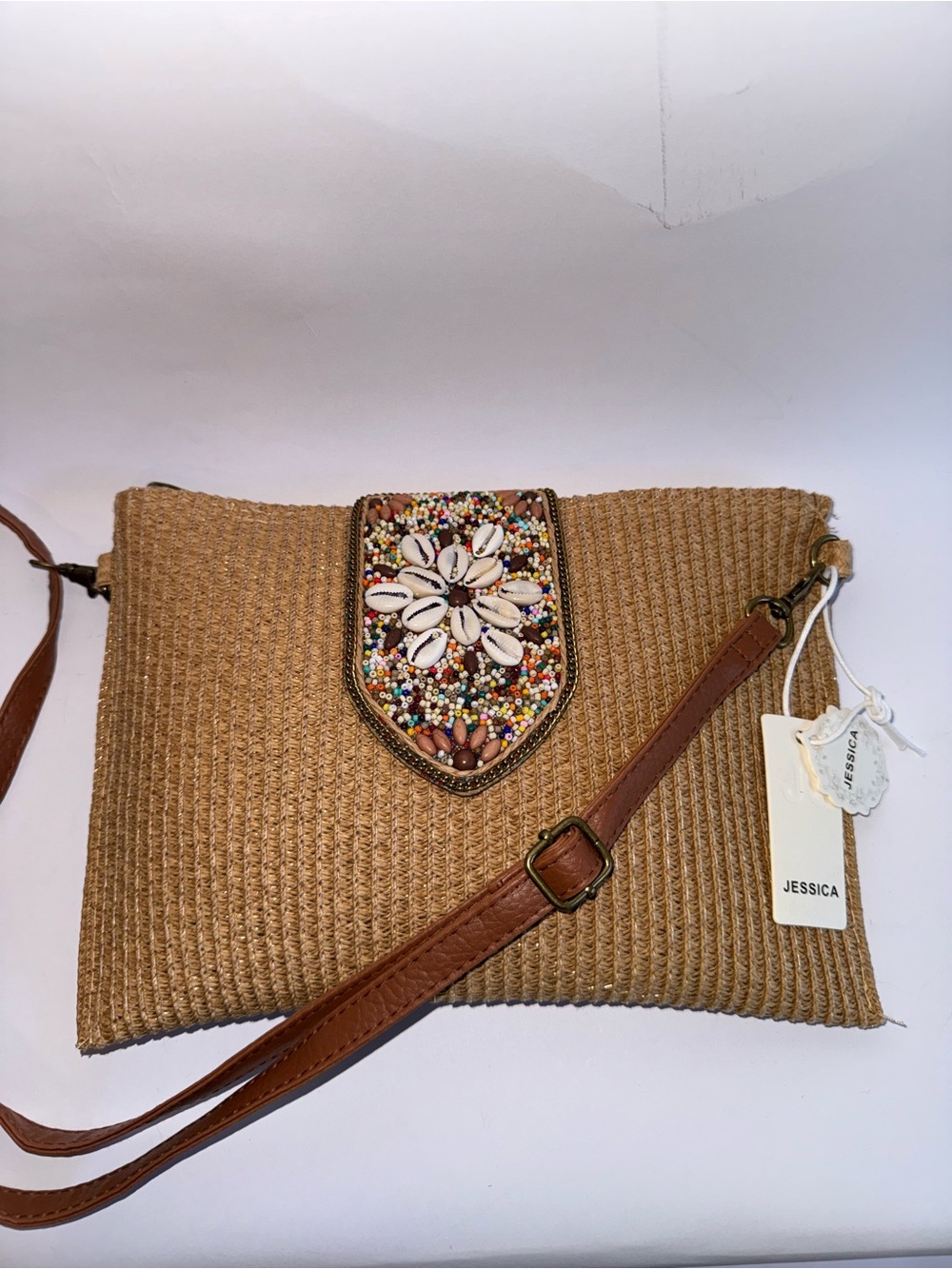 Woven Straw Crossbody Bag Boho Beaded Shell Envelope Clutch Purse